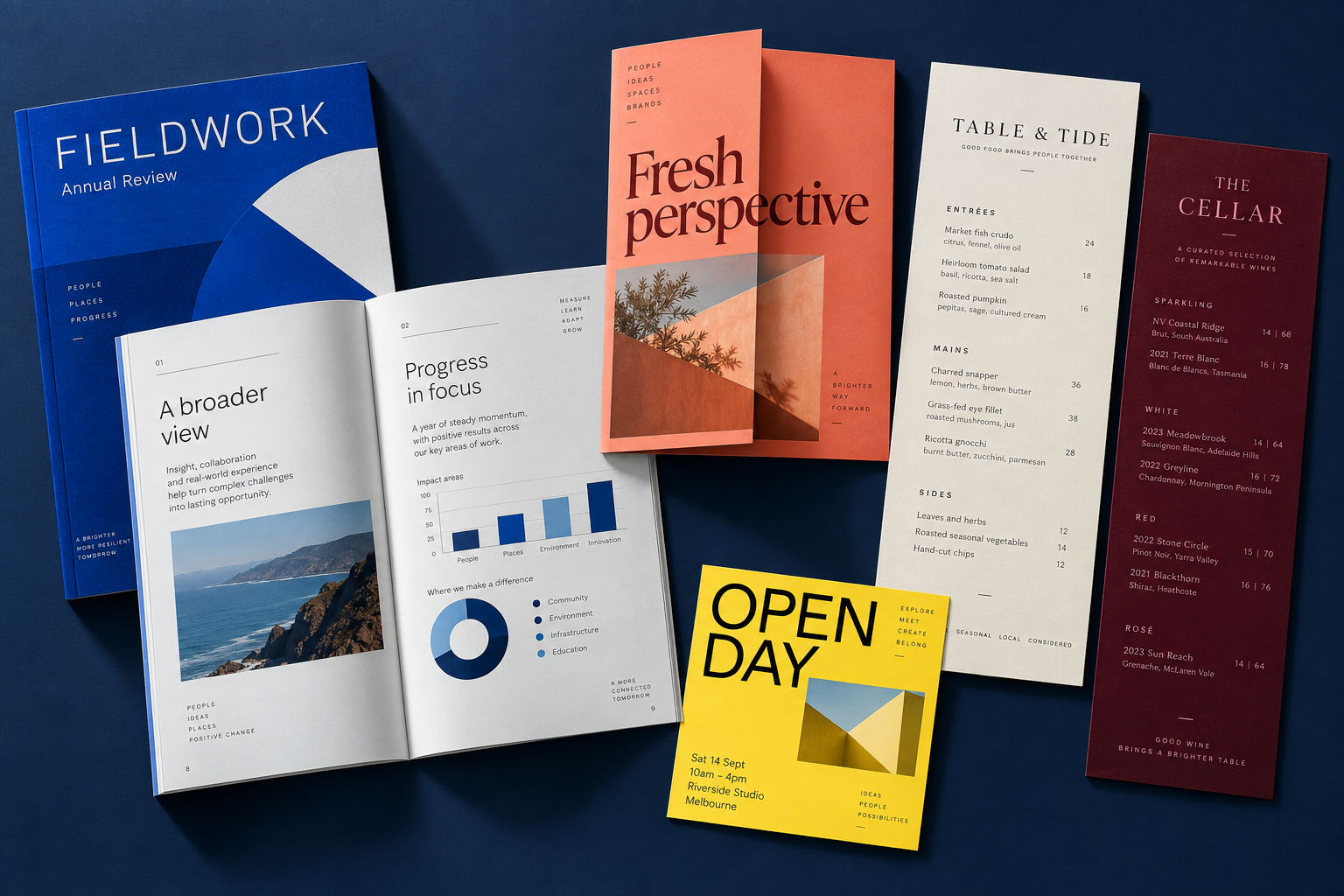 Original concept collection: a blue business report, coral brochure, yellow promotional flyer, restaurant menu and burgundy wine list